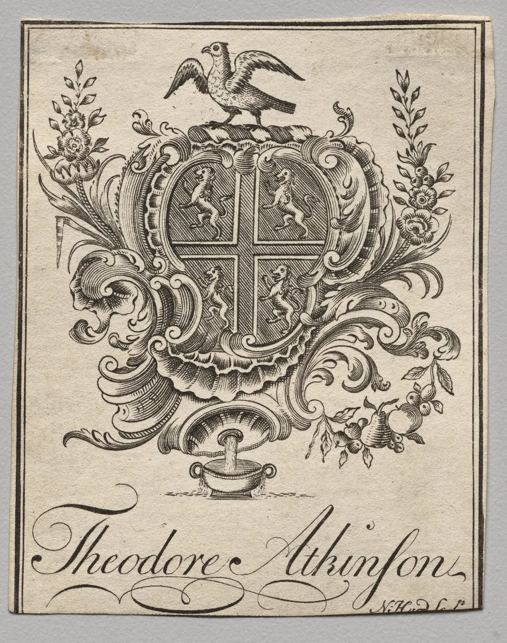 Bookplate:  Coat of Arms with Theodore Atkinson inscribed, by Nathaniel Hurd, 1764