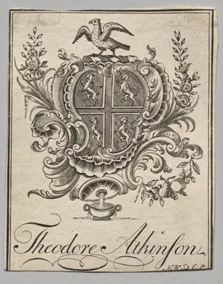 Bookplate:  Coat of Arms with Theodore Atkinson inscribed, by Nathaniel Hurd, 1764