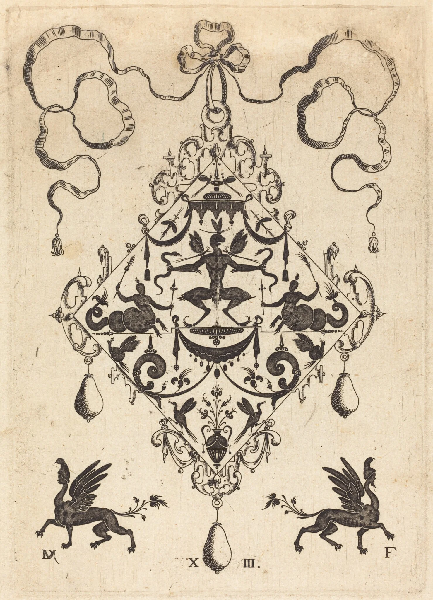 Large Pendant, Winged Fantasy Creature Holding Two Snakes, detail
