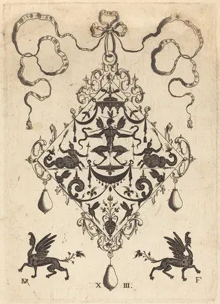 Large Pendant, Winged Fantasy Creature Holding Two Snakes, by Daniel Mignot, ink, 1596