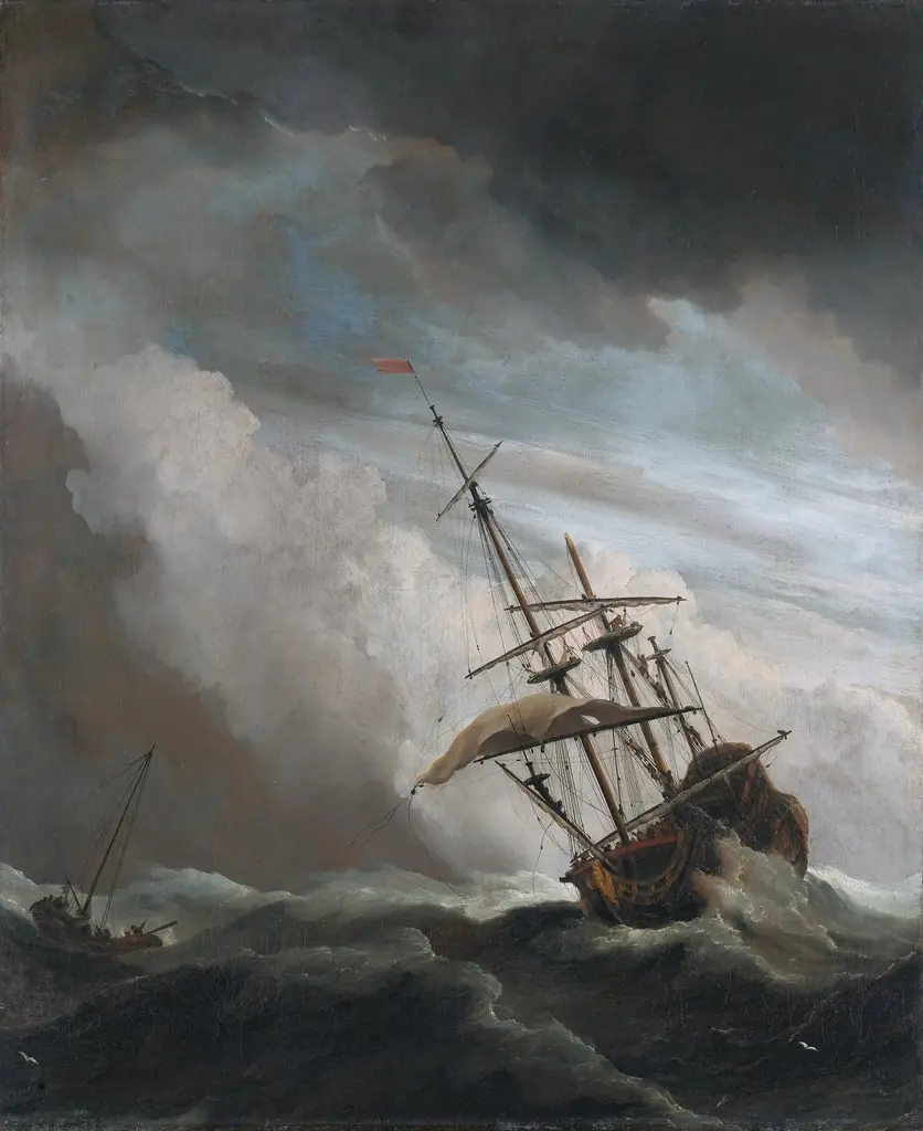 A Ship on the High Seas Caught by a Squall, Known as ‘The Gust’, by Willem van de Velde the Younger, oil, 1690
