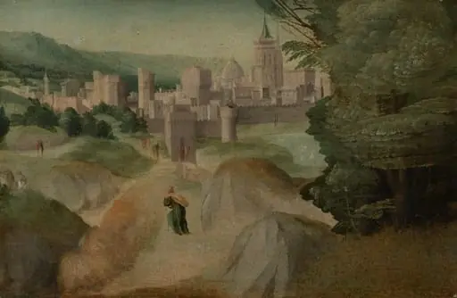 Scenes from a Legend, by Giovanni Larciani (Master of the Kress Landscapes), oil, 1518