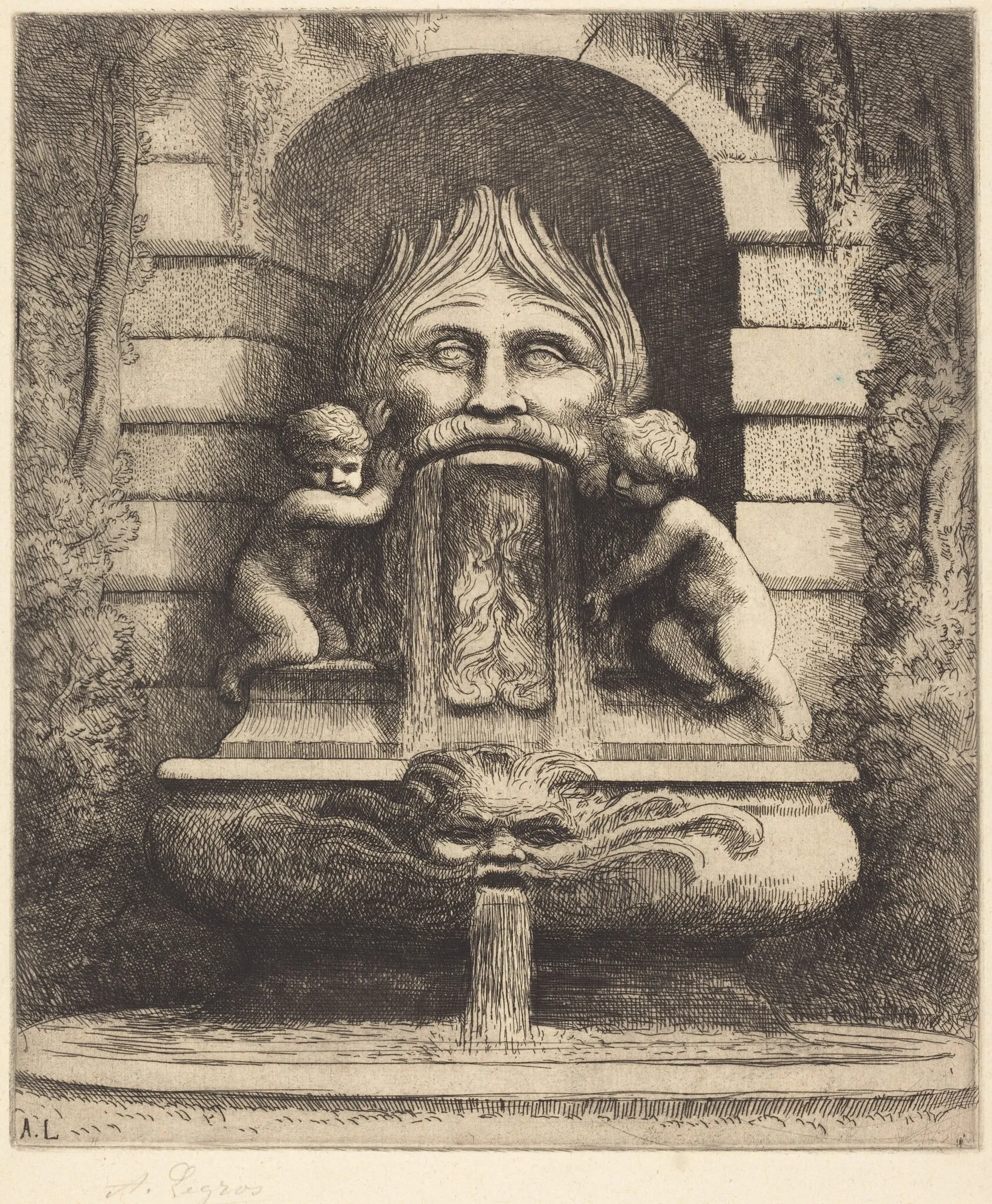 Fountain: Grotesque, Children and Basin (Une fountaine: Masque, enfants et bassin), detail