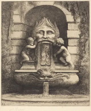 Fountain: Grotesque, Children and Basin (Une fountaine: Masque, enfants et bassin), by Alphonse Legros, ink, 1874
