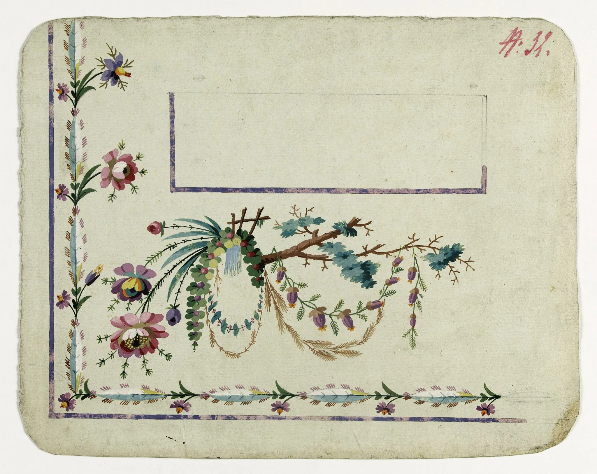 Gilet décor guirlande de branchage et de fleurs, projets de broderies de gilet, XVIIIème siècle, detail