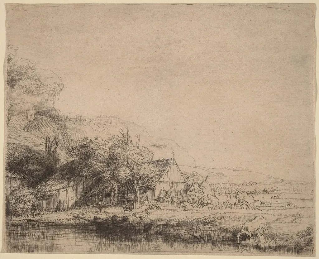 Landscape with a Cow, by Rembrandt, ink, 1650