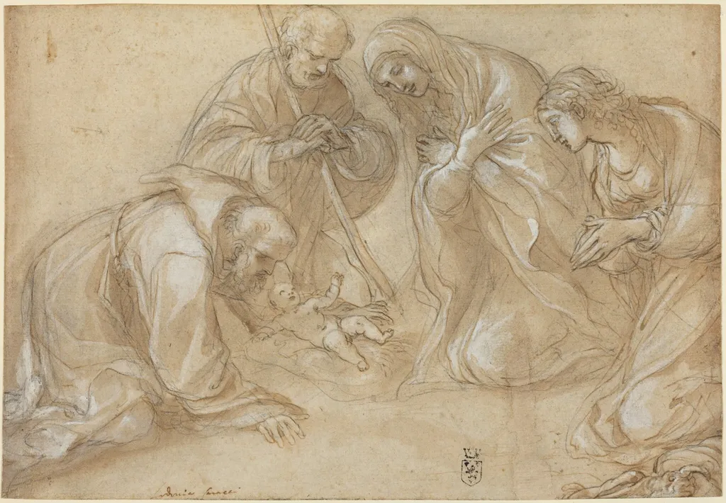 The Nativity with Saints Francis and Agnes, by Ludovico Carracci, ink, 1605