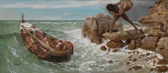 Odysseus and Polyphemus: Homer compressed to a single instant of pursuit across a wall of cold sea.