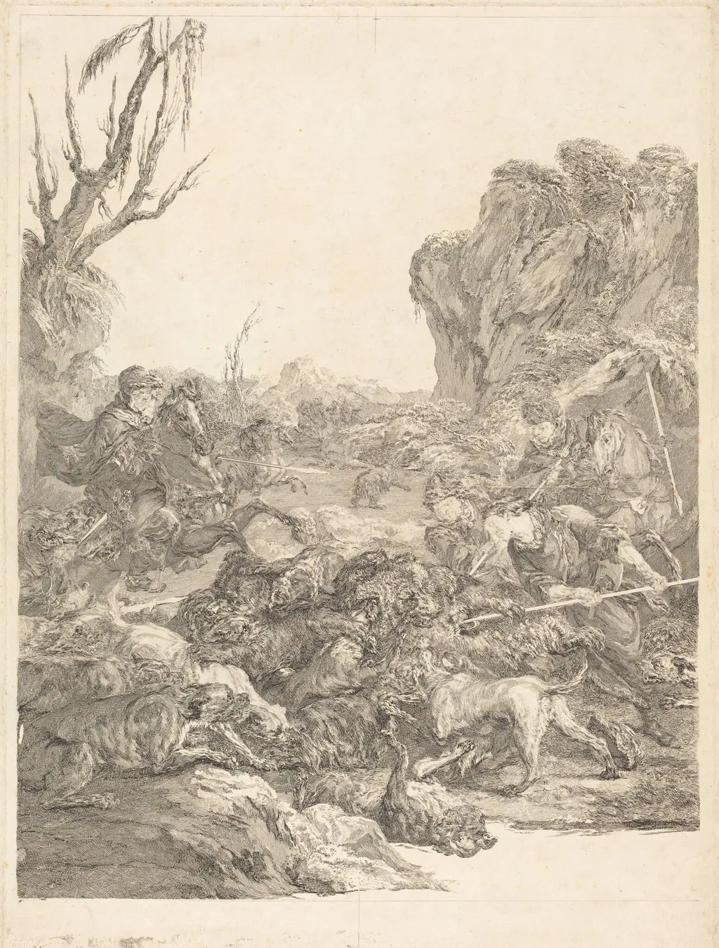 A Bear Hunt, by Jean-Jacques Flipart, ink, 1750