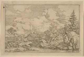 Three Goats at the River, by Allart van Everdingen, ink, 1650