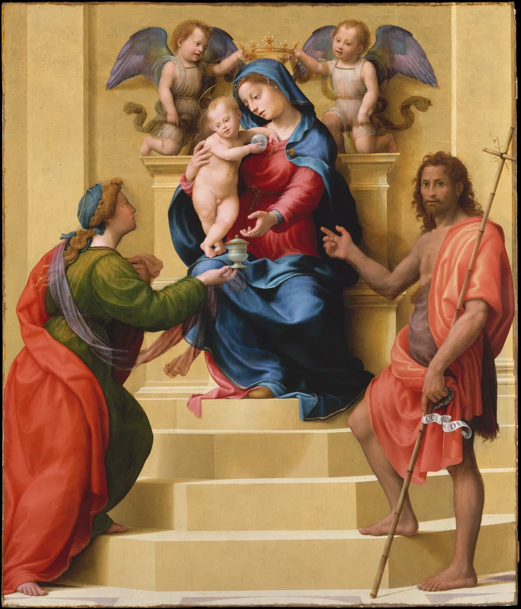 Madonna and Child Enthroned with Saints Mary Magdalen and John the Baptist, by Giuliano Bugiardini, oil, 1523