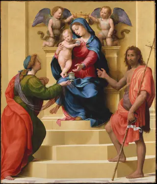 Madonna and Child Enthroned with Saints Mary Magdalen and John the Baptist, by Giuliano Bugiardini, oil, 1523