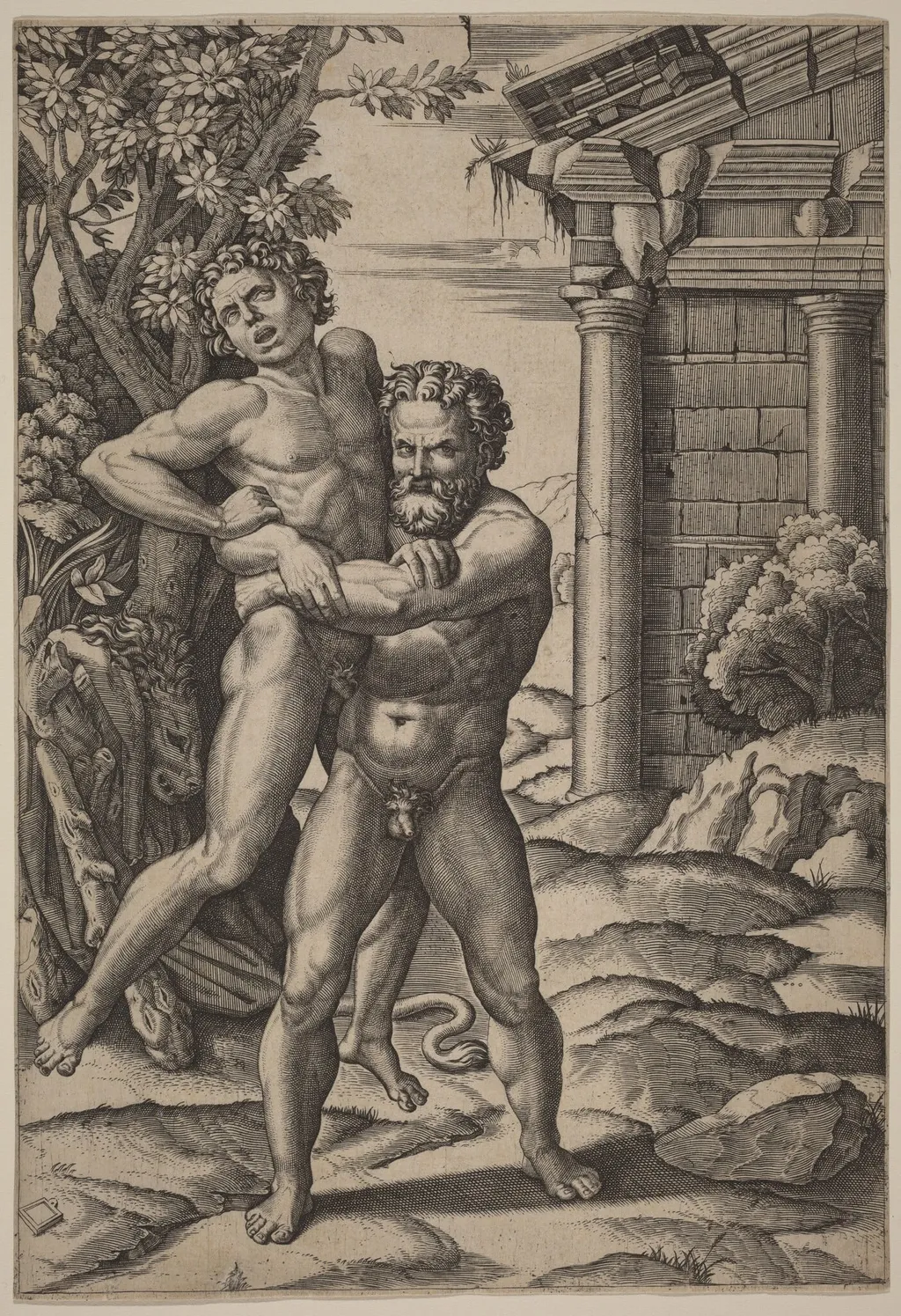 Hercules and Antaeus, by Marcantonio Raimondi, ink, 1521