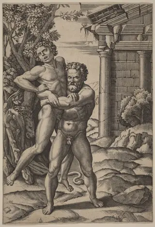 Hercules and Antaeus, by Marcantonio Raimondi, ink, 1521