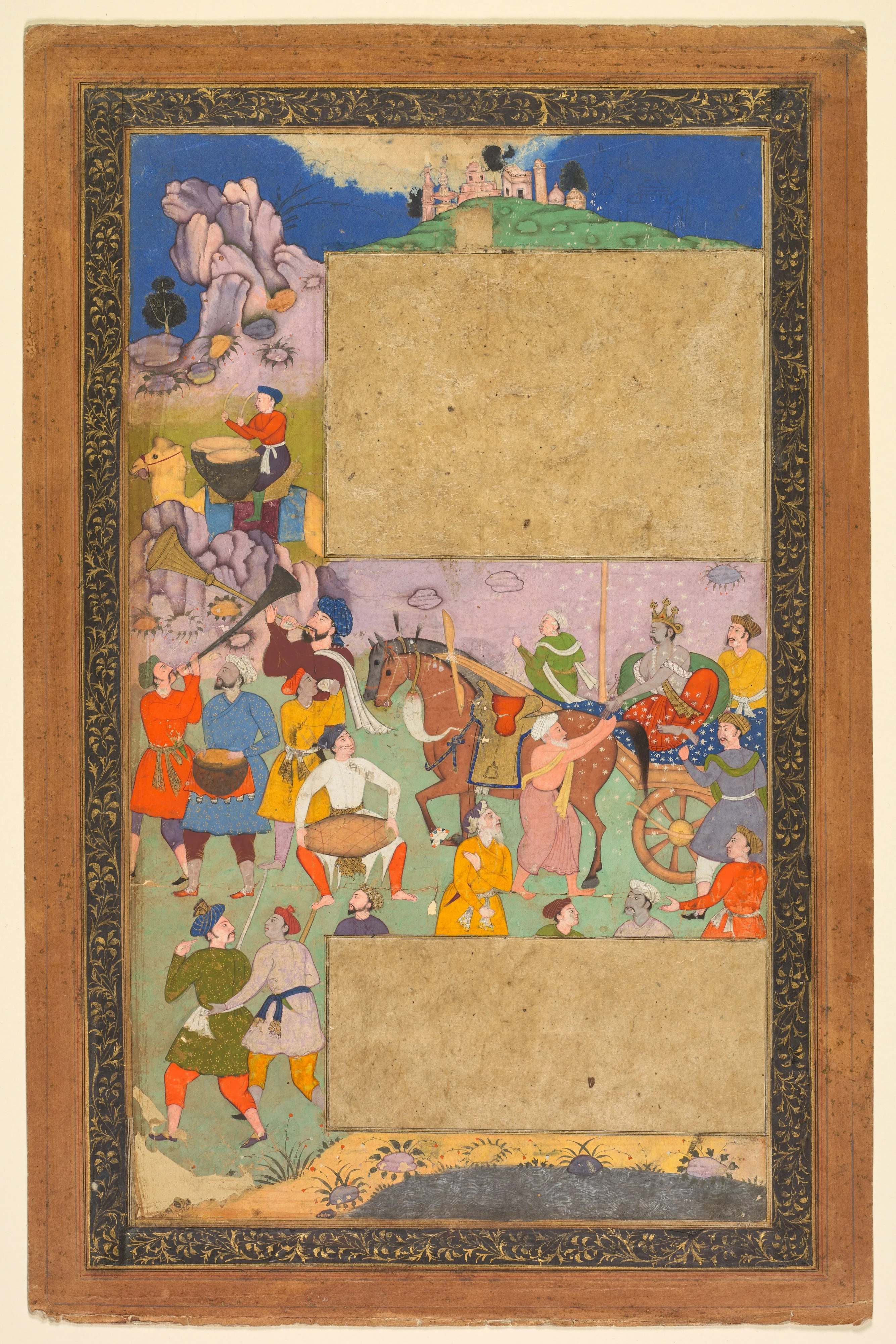 A charioteer riding through a rocky landscape with an entourage of footmen and musicians, page from a Razm-nama (Book of Wars) adapted from the Sanskrit Mahabharata and translated into Persian by Mir Ghiyath al-Din Ali Qazvini, known as Naqib Khan (P, detail