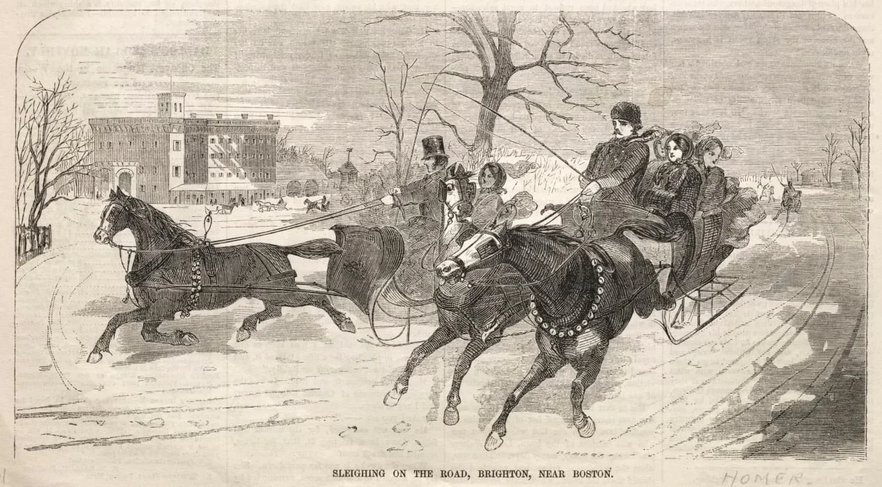 Sleighing on the Road, Brighton, near Boston, detail