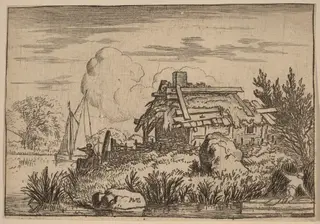 Ruined Cottage, Surrounded by Water, by Allart van Everdingen, ink, 1650