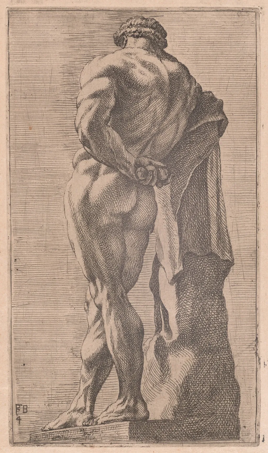 The Farnese Hercules, seen from behind [plate 4], by François Perrier, ink, 1638