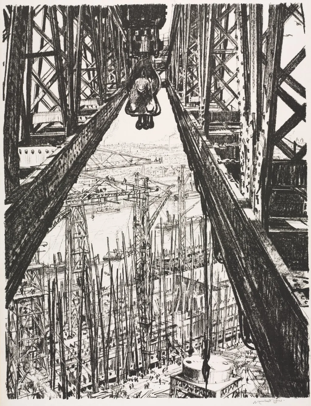 The Great War:  Britain's Efforts and Ideals; Building Ships:  A Shipyard Seen from a Big Crane, by Muirhead Bone, 1917