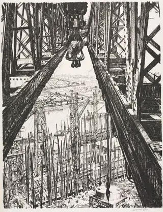 The Great War:  Britain's Efforts and Ideals; Building Ships:  A Shipyard Seen from a Big Crane, by Muirhead Bone, 1917