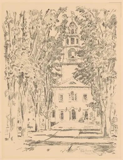 Colonial Church, Gloucester, by Childe Hassam, ink, 1918