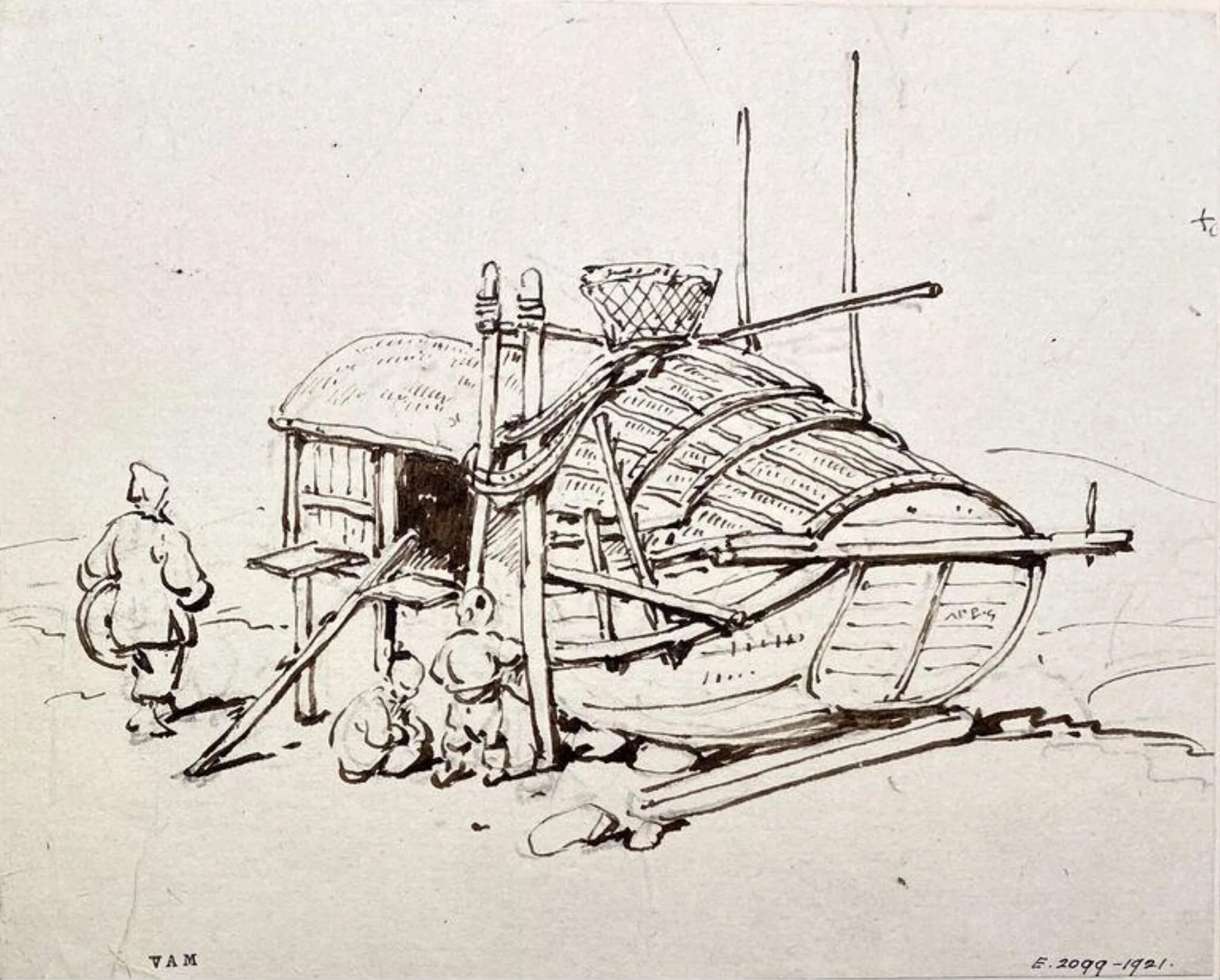Drawing, a Tanka boat propped up ashore, Macau, detail