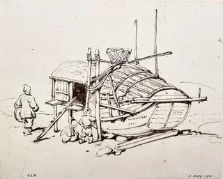 Drawing, a Tanka boat propped up ashore, Macau, by George Chinnery, 19