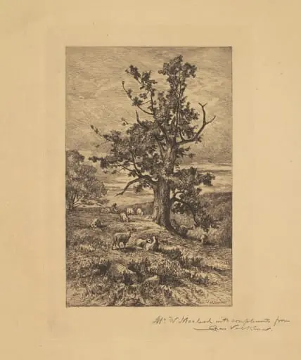 Landscape with Sheep, by Charles Volkmar, ink, 1876