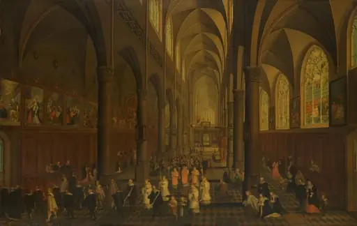 The Interior of the Dominican Church, Antwerp, Looking East, with the Procession of the Holy Sacrament, by Pieter Neefs the Elder, unspecified, 1636
