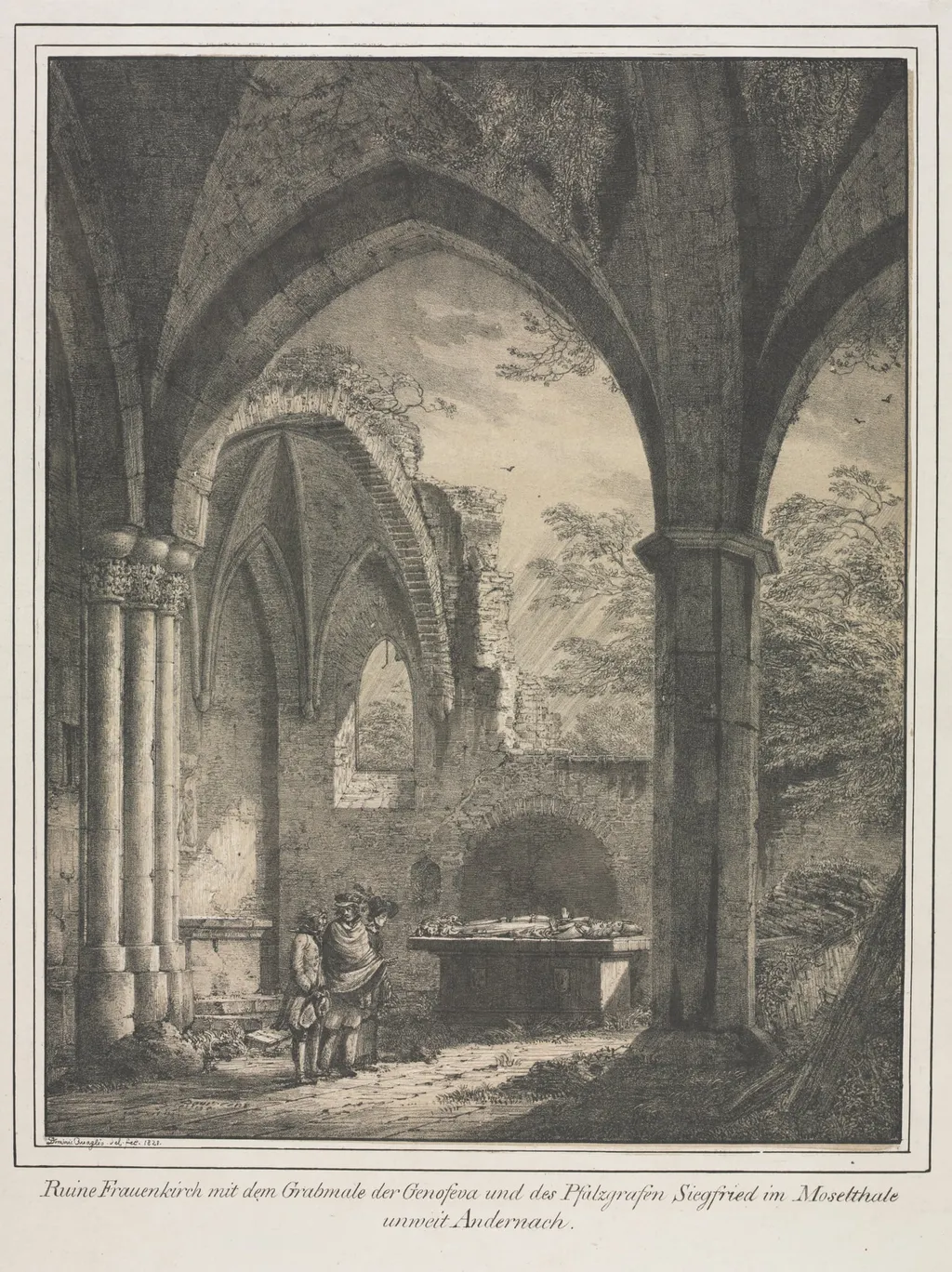 Notable Buildings of the Middle Ages in Germany:  Ruins of the Church of the Virgin with the Tomb of Genevieve and Siegfried, Count Palatine of the Rhine, in the Moselle Valley near Andernack, by Domenico Quaglio, 1821