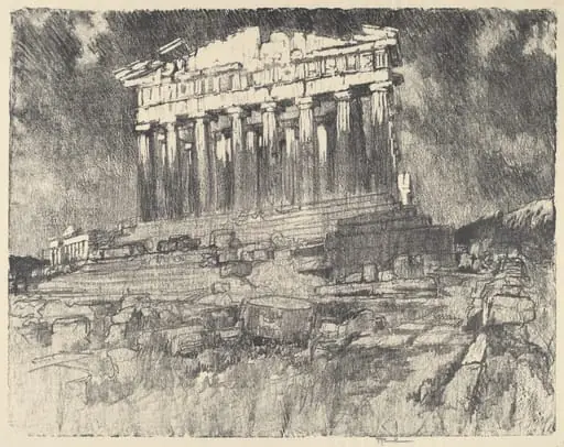 The Facade of the Parthenon, Sunset, by Joseph Pennell, ink, 1913