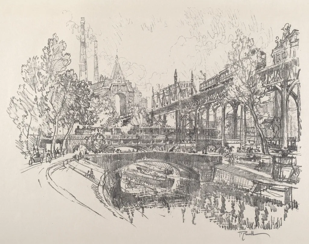 Landwehr Canal, Berlin, by Joseph Pennell, ink, 1921