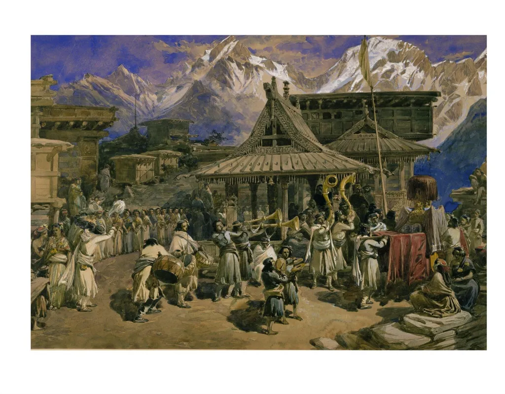 Worship of the Devi at Kothi, near Chini, by William Simpson, paint, 1860