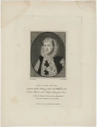 Anna, Lady Bacon, Daughter of Sir Anthony Cooke and Wife of Sir Nicolas Bacon, by Henry Richard Cook, ink, 1810