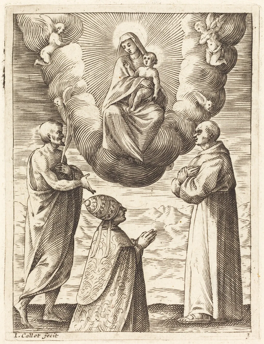 Boniface VIII with Saints Francis and Crispin Adoring the Virgin and Child, by Jacques Callot, ink, 1610