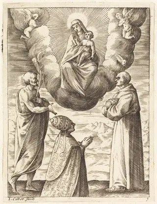 Boniface VIII with Saints Francis and Crispin Adoring the Virgin and Child, by Jacques Callot, ink, 1610