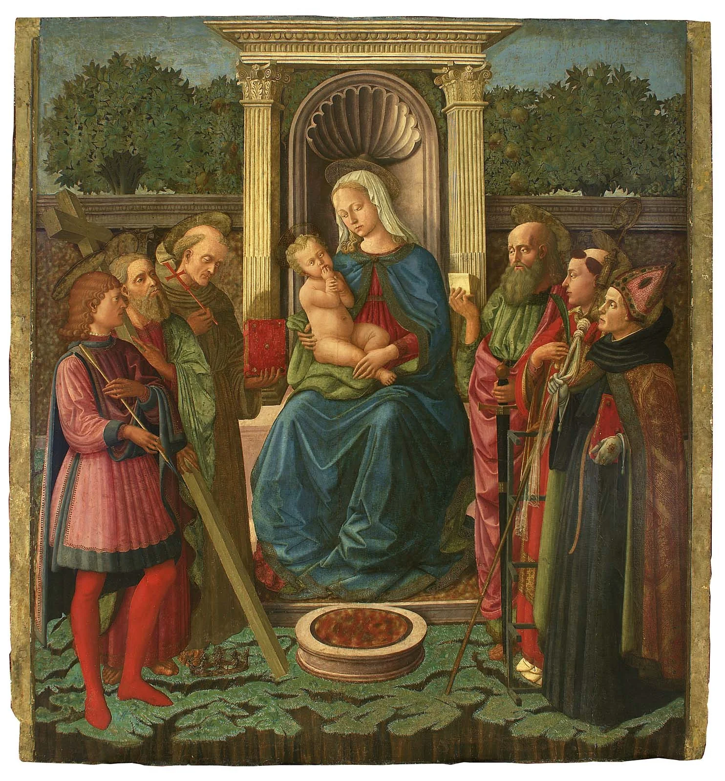 Virgin and Child Enthroned with Saints Sebastian, Andrew, Bernardino (?), Paul, Lawrence, and Augustine, detail