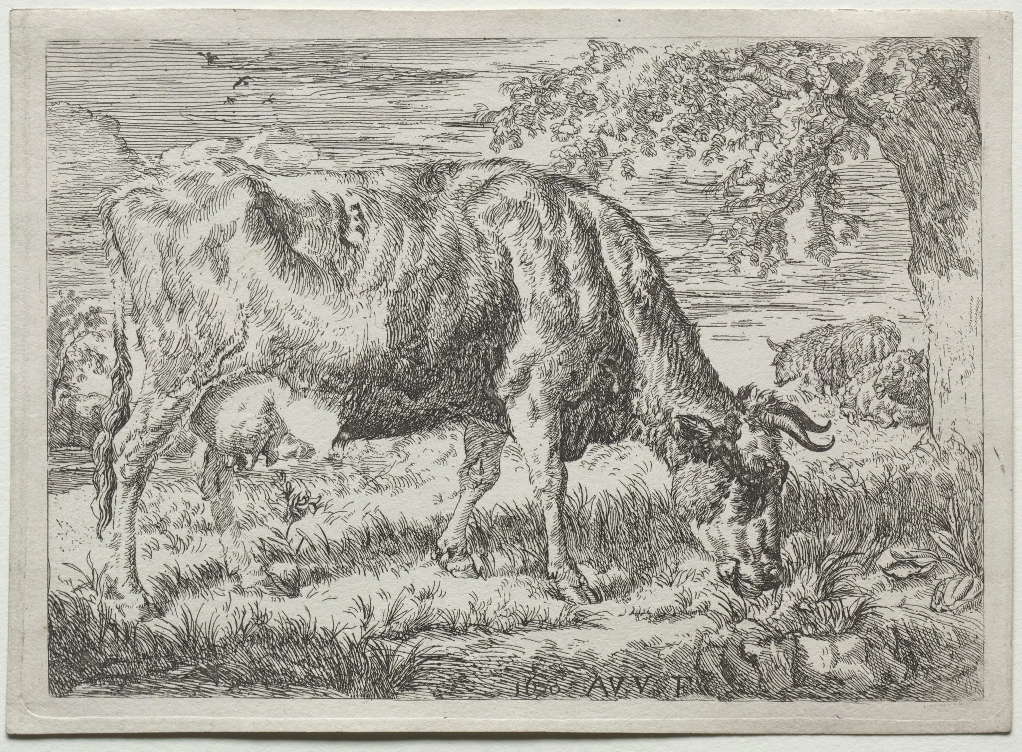 Cow and Two Sheep at the Foot of a Tree, detail