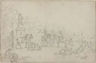 An Elegant Hunting Party Resting by a Fountain, by Peeter Bout, graphite, 1685