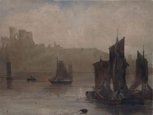 Castle on a Cliff: Fishing Smacks, by Copley Fielding, watercolor, 1810