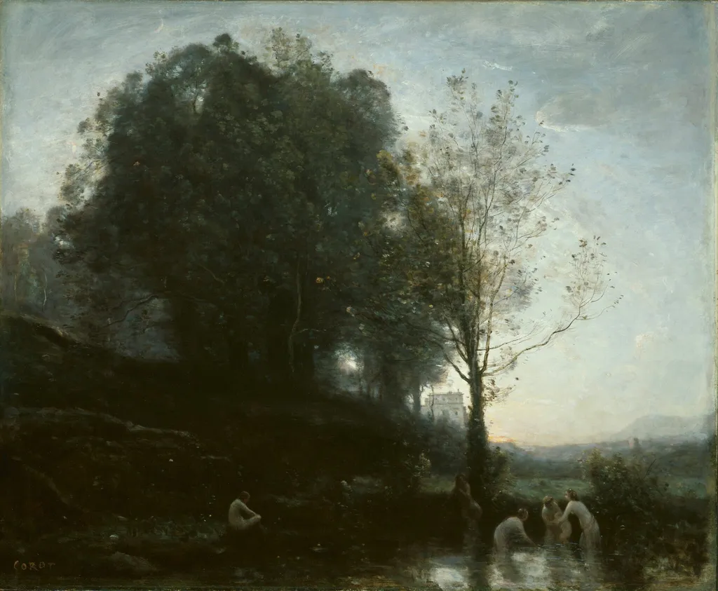 Bathing Nymphs and Child, by Jean Baptiste Camille Corot, oil, 1858