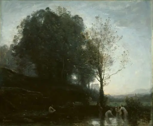 Bathing Nymphs and Child, by Jean Baptiste Camille Corot, oil, 1858