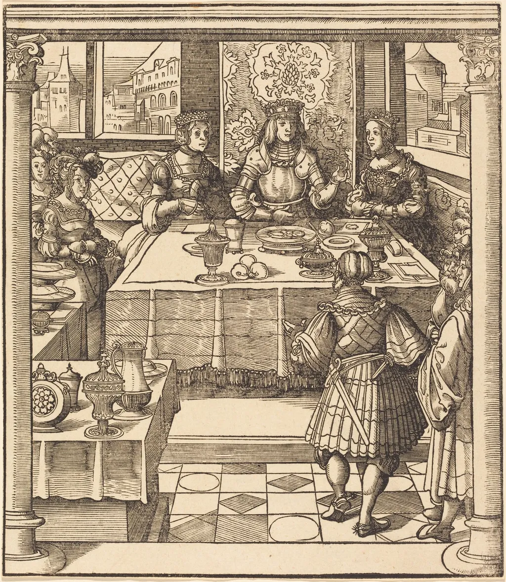 The Young White King between the Queen and Princess of the Feuereisen, by Leonhard Beck, ink, 1515