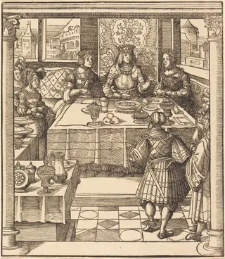The Young White King between the Queen and Princess of the Feuereisen, by Leonhard Beck, ink, 1515