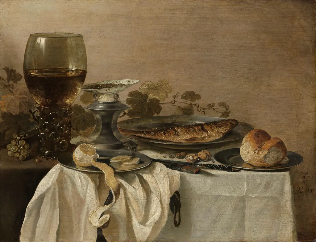 Still life with a fish, by Pieter Claesz, oil, 1647