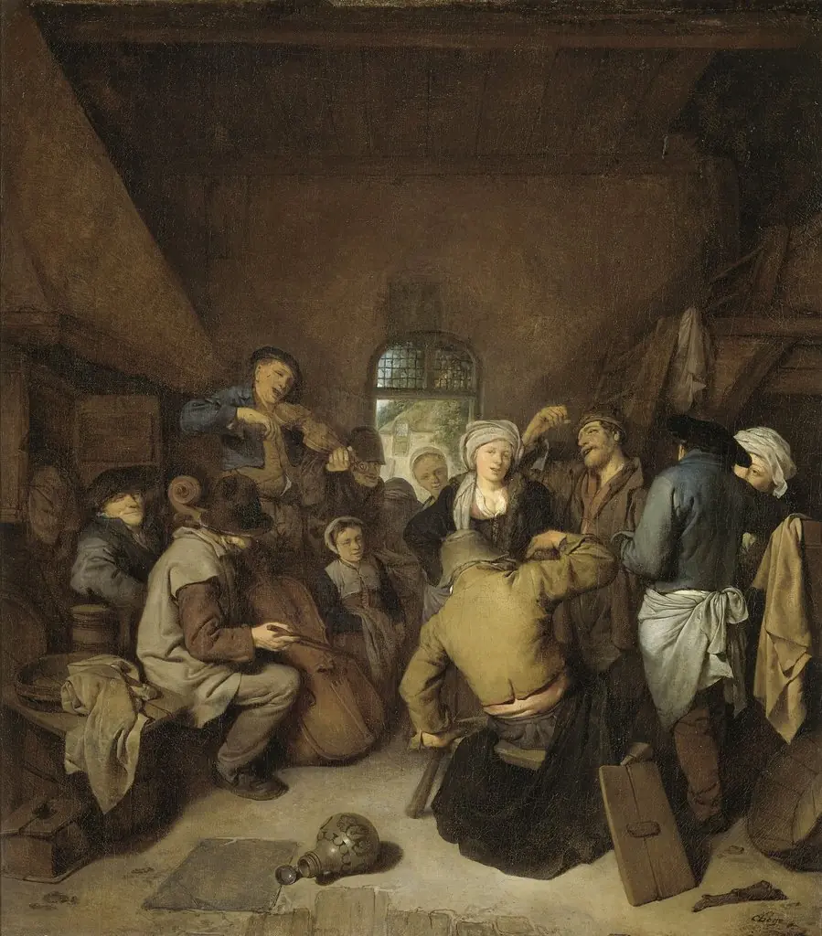 Peasants making music and dancing, by Cornelis Pietersz Bega, oil, 1650