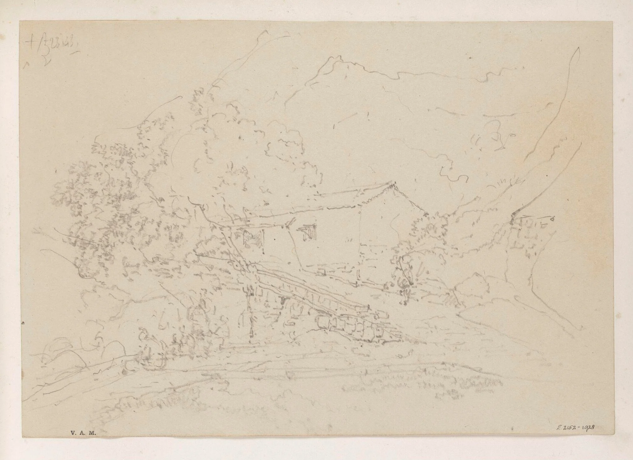 A small building and trees on a hillside, Macau, detail