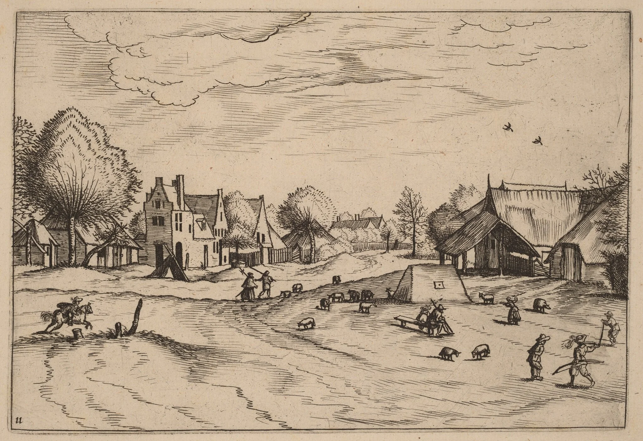 Country Village with Sheep and Sitting Shepherd, detail