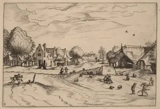 Country Village with Sheep and Sitting Shepherd, by Johannes van Doetechum the Elder, ink