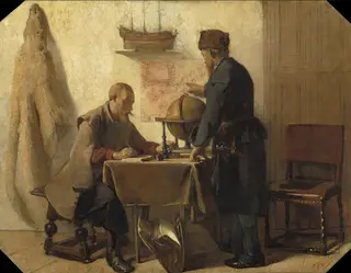 Heemskerck and Barents Planning their Second Expedition to the Far North, by Christoffel Bisschop, oil, 1862